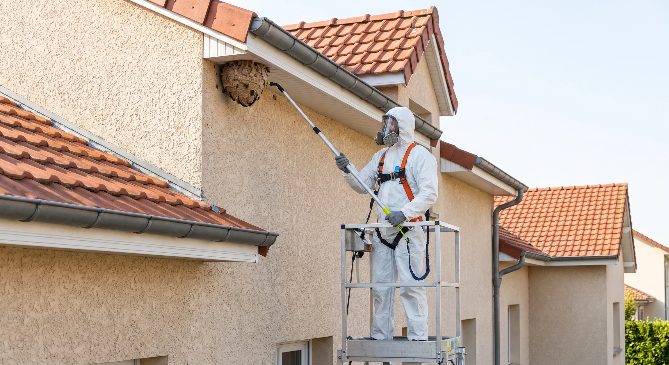 Technicien en combinaison de protection blanche et masque respiratoire effectuant un traitement antiparasitaire sur un nid de guêpes ou frelons fixé sous la corniche d'une façade résidentielle en crépi, avec une perche télescopique appuyée contre le mur, intervention en hauteur en situation réelle.